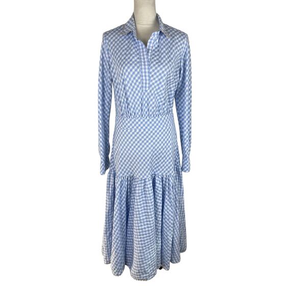 Tish Cox Checked Blue White Print Cotton Midi Shirt Dress Drop Waist Size Large - Picture 1 of 9
